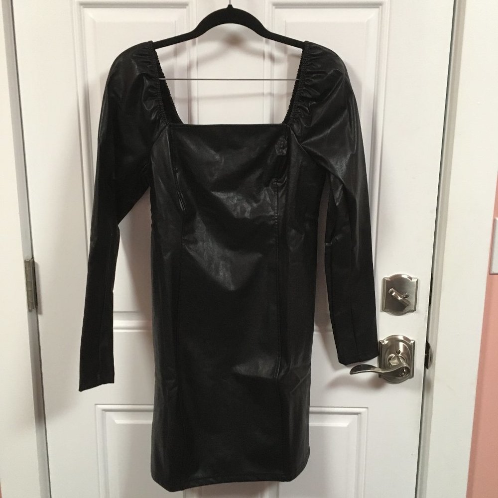 Wild Fable Long Sleeve Square Neck Faux Leather Black A Line Dress NWT Size S